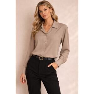 WOMENS TAUPE SILK BLOUSE LONG SLEEVE BUTTON FRONT